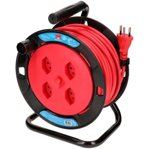 Enrouleur de câble, 15m, rouge-noir, 4 prises Type13, protection thermique, cadre en métal.