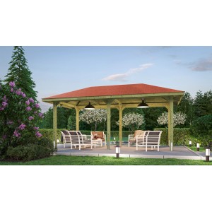 Weka Padiglione Oasi Giardino 651 B con tetto rosso e mobili da giardino nel verde.