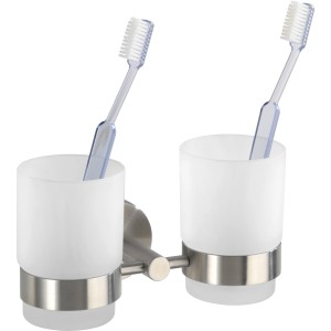Wenko Zahnputzbecher Duo Bosio, silber matt, mit Halter und zwei satinierten Glasbechern.