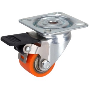 Roue pivotante forte charge Doerner + Helmer, orange, avec frein et platine de fixation.