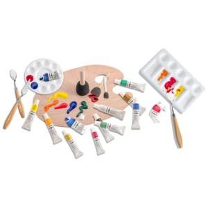 Glorex Acrylfarben-Set Basic: 12 Tuben bunter Acrylfarben, Paletten, Spachtel und Schwämme für Künstlerzubehör.