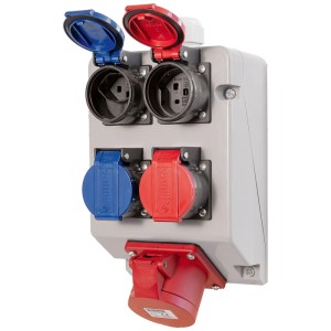 Distributore di prese Steffen per esterni, grigio, con prese T23/T25 e CEE16/5.