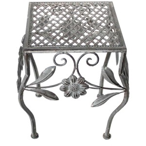 Supporto per piante quadrato in ferro grigio antico con decoro floreale, 33x23x23 cm.