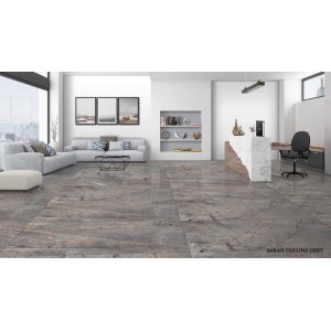 Grès cérame gris (60x60) posé avec surface polie dans le salon.