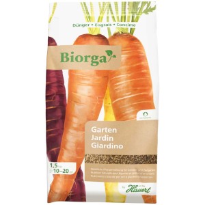 Hauert Biorga Gartendünger 1,5kg Packung mit Karotten-Illustration.