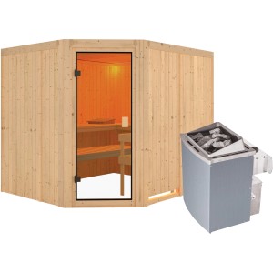 Sauna Karibu Horna con stufa e porta in vetro, sauna in legno massello per ore di relax.