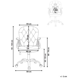 Schizzo: Sedia da ufficio Princess bianca con dimensioni, stile Chesterfield, carico massimo 130 kg.