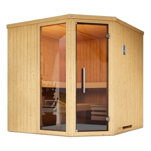 Sauna d'angle Weka Varberg avec porte vitrée, fenêtre et poêle BioS 7,5 kW.