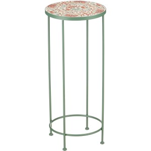 Table d'appoint verte en fer avec plateau rond à motifs floraux. Idéale pour jardin et balcon.