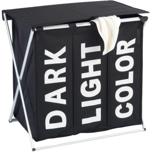 Wenko Cesto portabiancheria Trio Top Nero, cesto a 3 scomparti con coperchio e telaio in alluminio.
