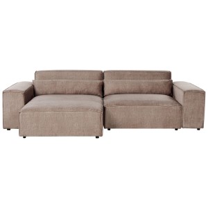 Canapé d'angle Beliani Hellnar marron clair avec revêtement en tissu et méridienne à droite.