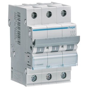 Hager Interruttore automatico C16A 3P, 3 poli, per 16A, con area di etichettatura.