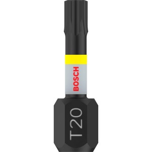 Punta avvitatore Bosch T20 Impact Control nera dal set da 2 pezzi, con anello giallo e marcatura T20.