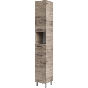 Armoire haute de salle de bain Pelipal Quickset 313 en chêne Sanremo, 30 cm de large, avec tiroirs et compartiment ouvert.