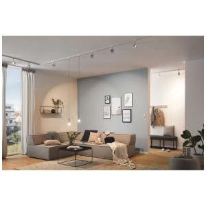 Soggiorno con sistema Paulmann URail e riflettore LED GU10, bianco opaco.