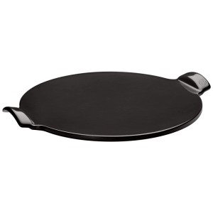 Schwarzer Emile Henry Pizzastein aus Keramik, Ø 37 cm, mit Griffen.