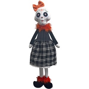 Figura decorativa di Halloween: fantasma donna sugar-skull con fiocco, bianco e nero, altezza 75 cm.