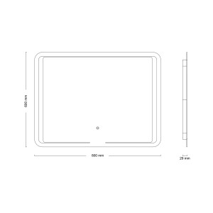 Schizzo dello specchio LED a forma di cristallo argentato RoomLight III, 80x60 cm, con dimensioni.