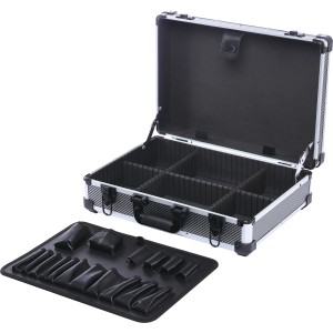 Mallette à outils LUX en aluminium ouverte avec compartiments et plateau à outils.