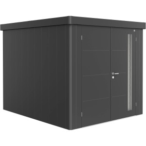 Casetta da giardino Biohort Neo 3B con doppia porta in grigio scuro metallizzato.