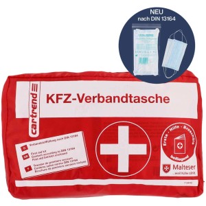 Kit di pronto soccorso Cartrend rosso DIN 13164 per auto con forniture di primo soccorso e mascherine.