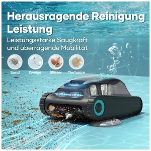 Robot de piscine Aiper Scuba S1 nettoyant le sable, les feuilles et les poils d'animaux dans la piscine.