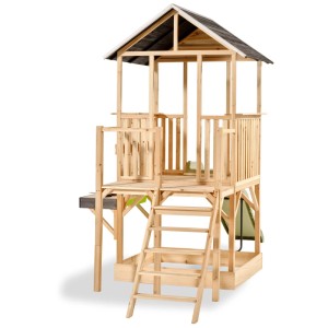 Maisonnette en bois Panorama Exit Toys avec toboggan, bac à sable et cuisine de boue.