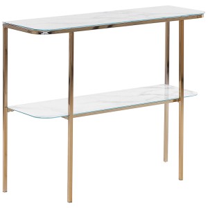 Console Beliani Calvert avec étagères en verre et structure en métal doré.