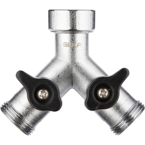 Robinet à deux voies Geka pour raccord de tuyau, 3/4 pouce, avec deux sorties réglables.