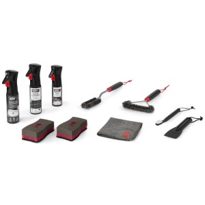 Set pulizia Weber 10 pezzi per grill a gas in acciaio inox: spazzole, spugne, raschietto, spray e panno.