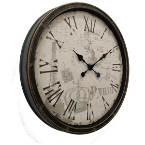 Orologio da parete Globo Vintage nero, Ø 76cm, con numeri romani e motivo Parigi.
