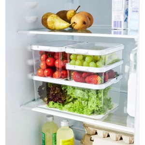 Organizzatore per frigorifero Rotho Cauma con verdura e frutta nel frigorifero.