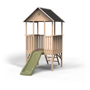 Maisonnette en bois Exit Panorama 300 avec toboggan, finition naturelle. Idéale pour les enfants qui jouent dans le jardin.