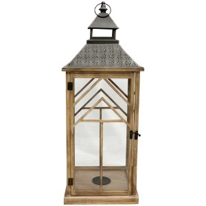 Lanterne en bois marron avec toit en métal, taille L. Lanterne de jardin décorative pour une lumière d'ambiance.