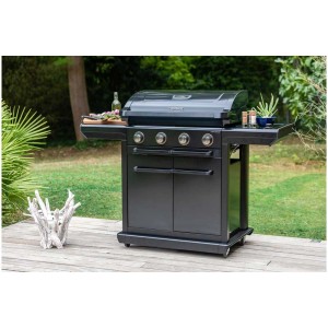 Campingaz Barbecue à gaz 4 Series Onyx S : Grill noir avec quatre brûleurs et réchaud latéral.