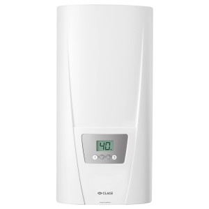 Chauffe-eau instantané Clage DIS blanc avec affichage numérique.
