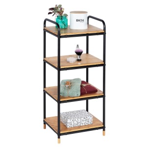 Wenko Scaffale Loft Bamboo Marrone con 4 ripiani, con oggetti decorativi sui ripiani.