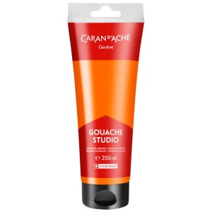 Tube de gouache orange fluo Caran d'Ache Studio, 250 ml, pour l'école et les loisirs.