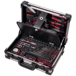 Mallette à outils en aluminium Kraftwerk ouverte, équipée de 123 pièces. Set d'outils professionnel pour artisans.