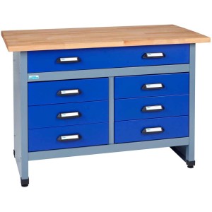Banco da lavoro Küpper 12120 con 7 cassetti, piano in faggio, blu/grigio. Ideale per l'officina.