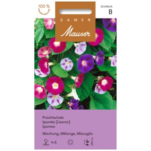 Sachet de graines de Belles de jour mélange avec des fleurs en forme d'entonnoir de différentes couleurs.