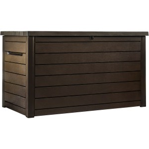 Box da giardino Ontario 870 l effetto legno, ideale per riporre utensili da giardino e cuscini.