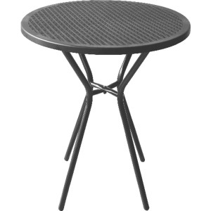Runder Gartentisch in Rattan-Optik, Grau, mit perforierter Tischplatte und stabilem X-Gestell aus Stahl.