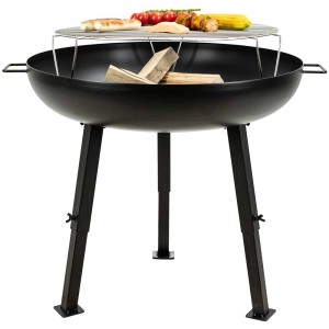 Brasero noir réglable en hauteur (Ø 75 cm) avec grille et bois.