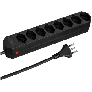 Schwarze Steckdosenleiste mit 8 T13-Steckplätzen, Reset-Button und 1,5 m Kabel.