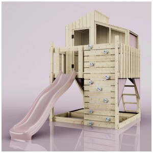 Maisonnette sur pilotis OutdoorToys Komet en bois avec toboggan rose et mur d'escalade. Cabane de jardin.