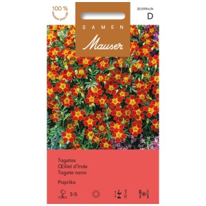 Sachet de graines Tagetes Paprika avec fleurs rouges et jaunes.