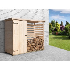 Armadio multifunzione Weka, 240x90cm, in legno con anta e area di stoccaggio aperta, riempito con legna da ardere.