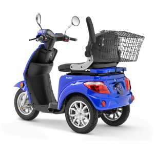 E-Mobil E3800 blu con cestino, sedile e tre ruote. E-bike confortevole per anziani e persone con mobilità ridotta.