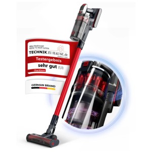 Aspirateur balai sans fil FliXXe T12, rouge-gris, avec technologie Multi-Cyclone et résultat du test "très bien".